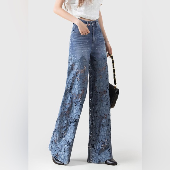 Micas Denim - Micas Unique Floral Lace Overlay Denim Jeans NWT